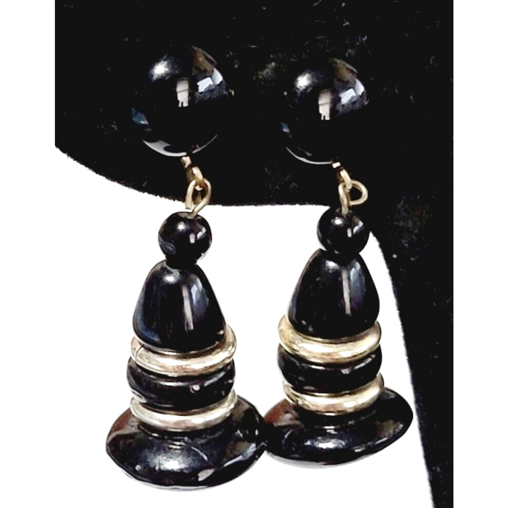 Vintage Black & Silver Mid-century Long Dangle Screw Back Earrings Lucite sb-32 - Picture 3 of 7